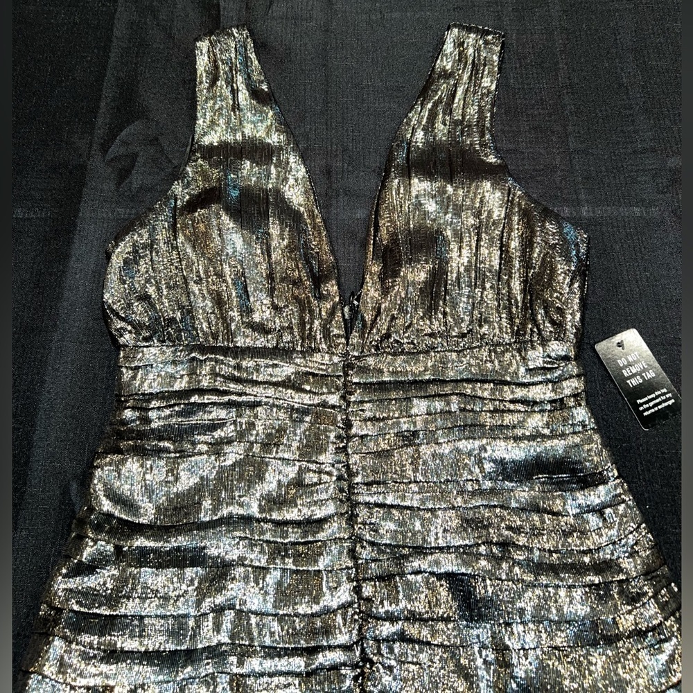 Metallic Silk V-Neck Ruched Ruffle Mini Dress - Picture 7 of 14